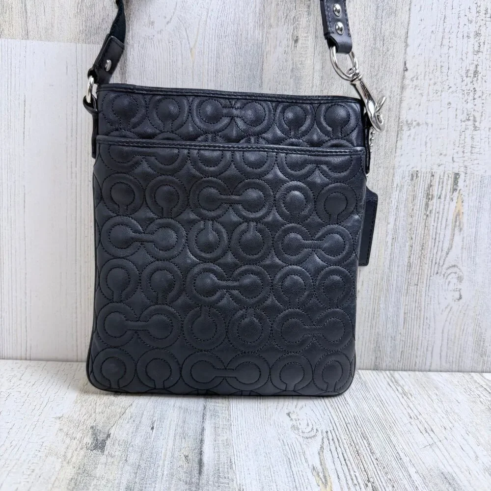 Authentic COACH Black Embossed Leather Op Art Crossbody Flight Bag